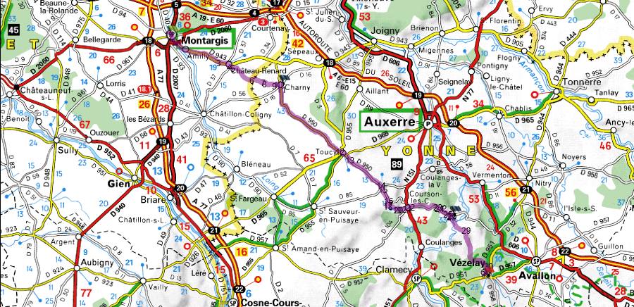 A map of the route I took from Montargis, France to Vezelay, France