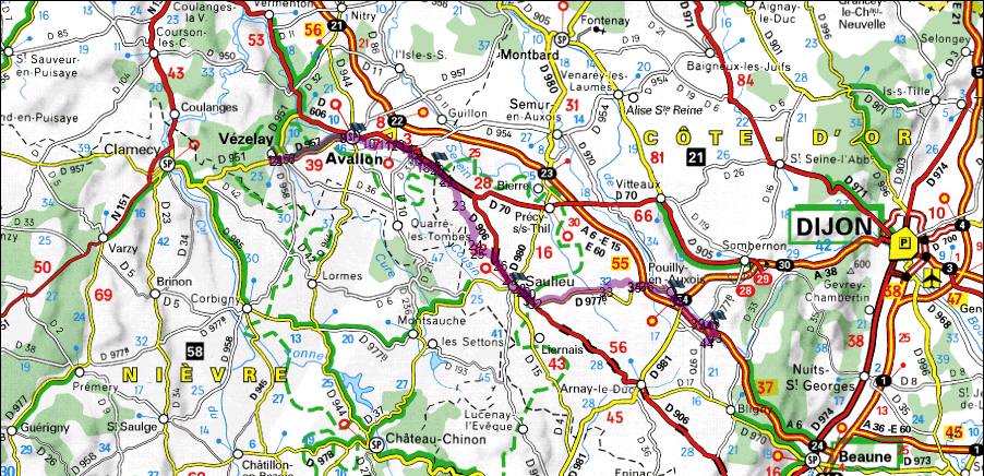 A map of the route I took from Vezelay, France to Ste. Sabine, France